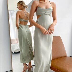 NWT Beginning Boutique cut out maxi dress in Sage. Silky backless strappy sheath